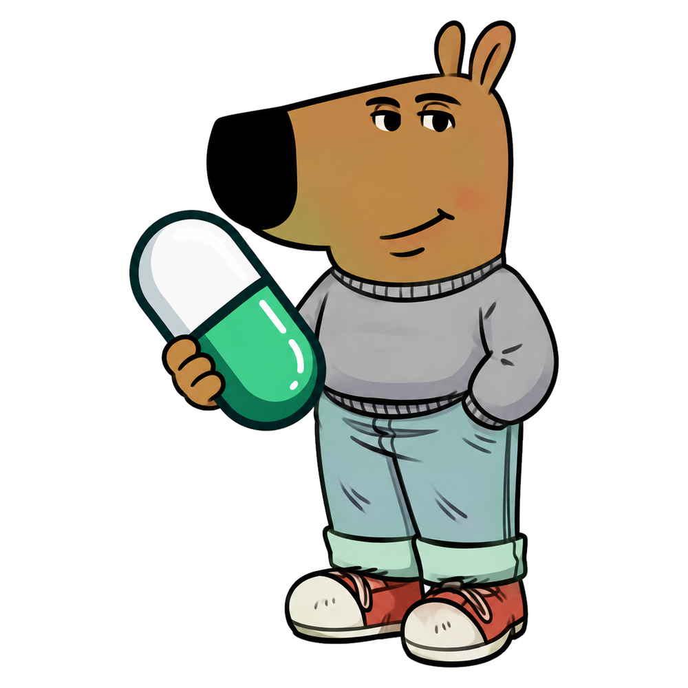 The Chill Pill mascot holding a giant capsule